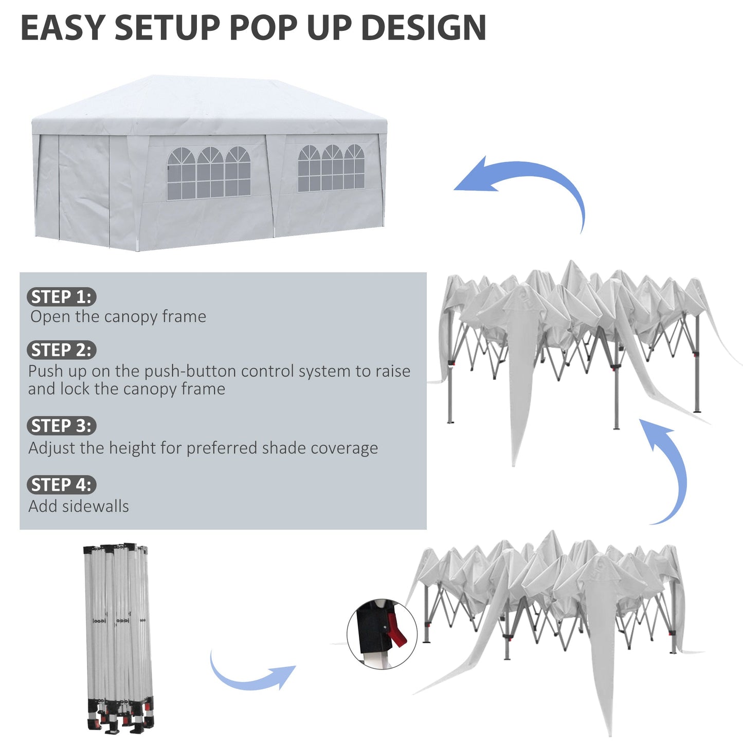 Outsunny 10' x 19.5' Pop Up Canopy Tent with Height Adjustable, Sidewalls, Weight Bags&Carry Bag, White - 84C-404V00WT