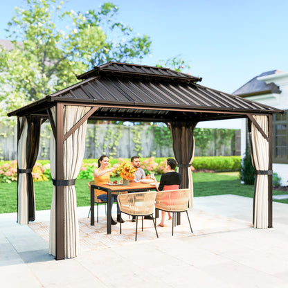 10' x 14' Hardtop Gazebo with Curtains and Netting, Brown