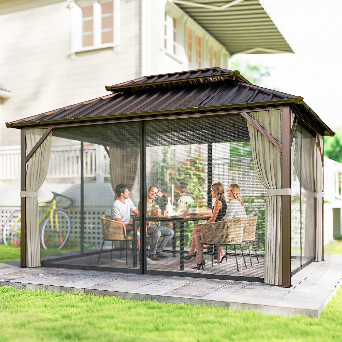 10' x 14' Hardtop Gazebo with Curtains and Netting, Brown