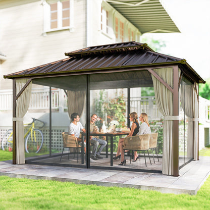 10' x 14' Hardtop Gazebo with Curtains and Netting, Brown