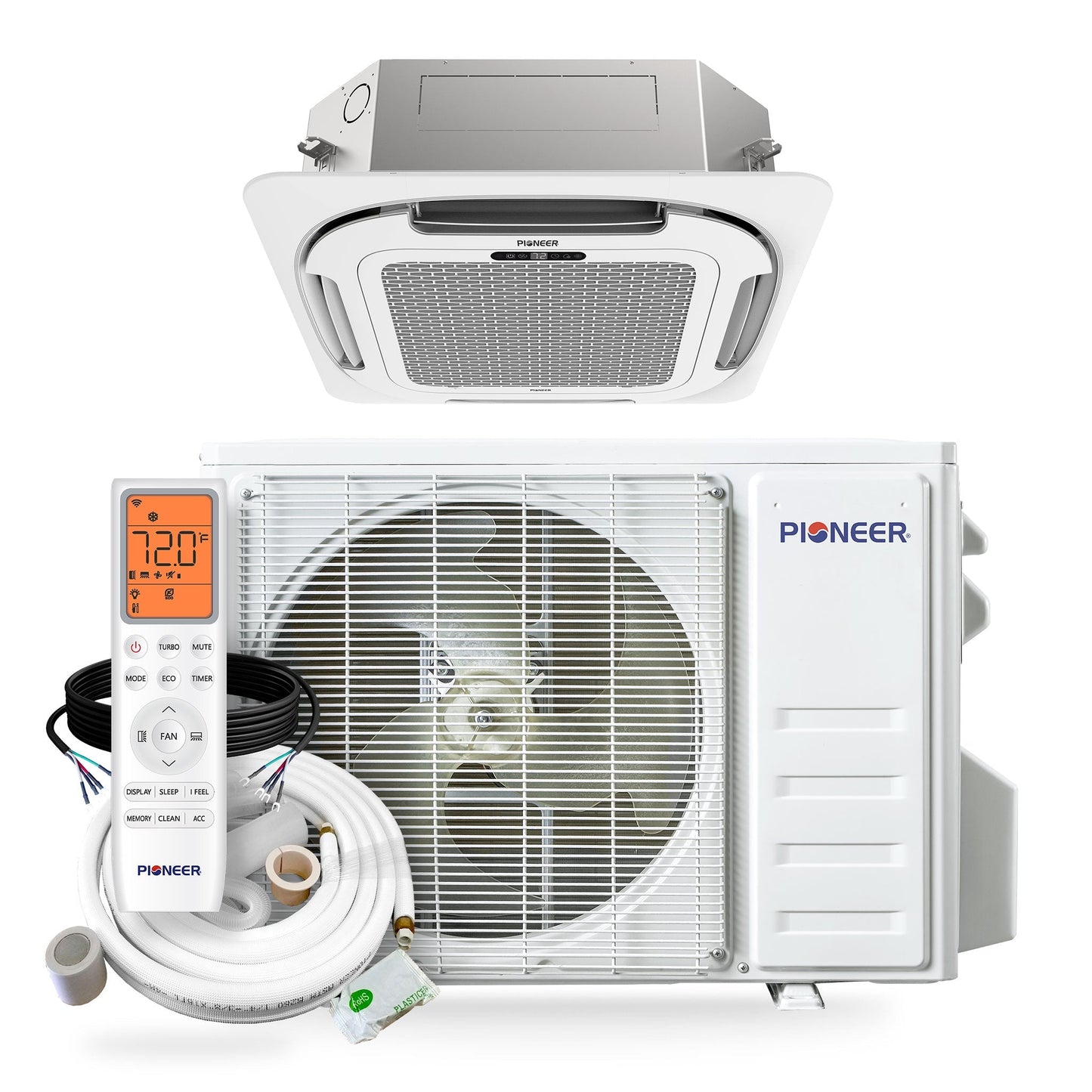 Pioneer Quantum Ultra 12,000 BTU 21 SEER2 230V 8-Way Ceiling Cassette Ductless Mini-Split Air Conditioner Inverter Heat Pump Full Set - CYT012GLSI24RL-10S
