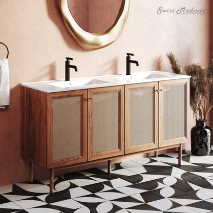 Swiss Madison Classe 60" Freestanding Bathroom Vanity in Golden Oak with Double Basin Sink Top - SM-BV666
