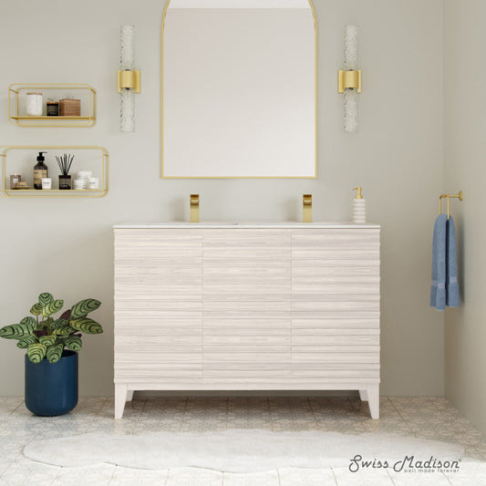 Swiss Madison Cascade 48" Freestanding Bathroom Vanity in White Oak with Double Basin Sink Top - SM-BV8636WO