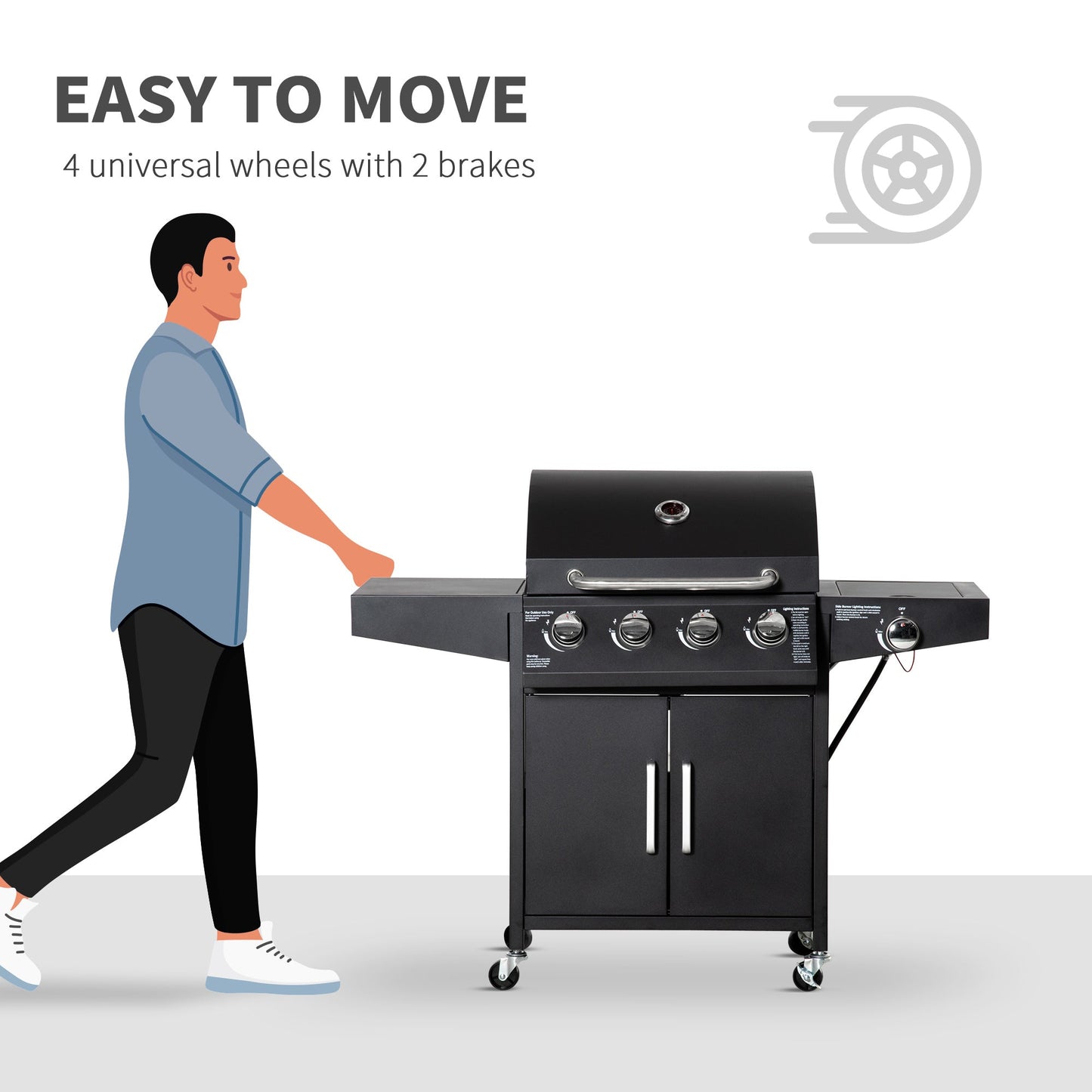 4 Burner Propane Gas Grill with Side Burner with Wheels & Storage Cabinet, 50,000 BTU, Black