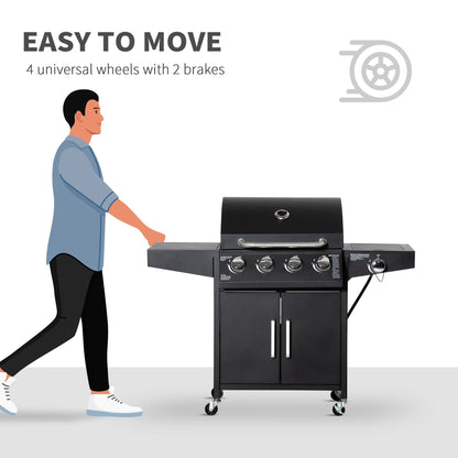 4 Burner Propane Gas Grill with Side Burner with Wheels & Storage Cabinet, 50,000 BTU, Black