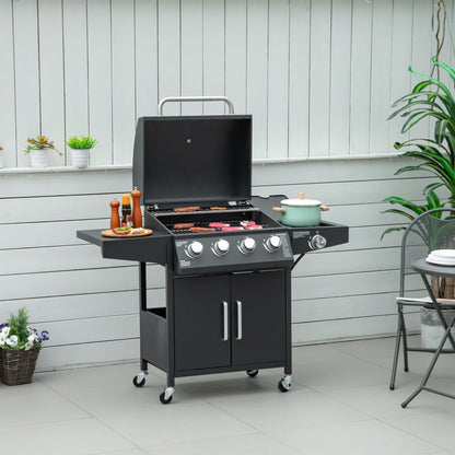 4 Burner Propane Gas Grill with Side Burner with Wheels & Storage Cabinet, 50,000 BTU, Black