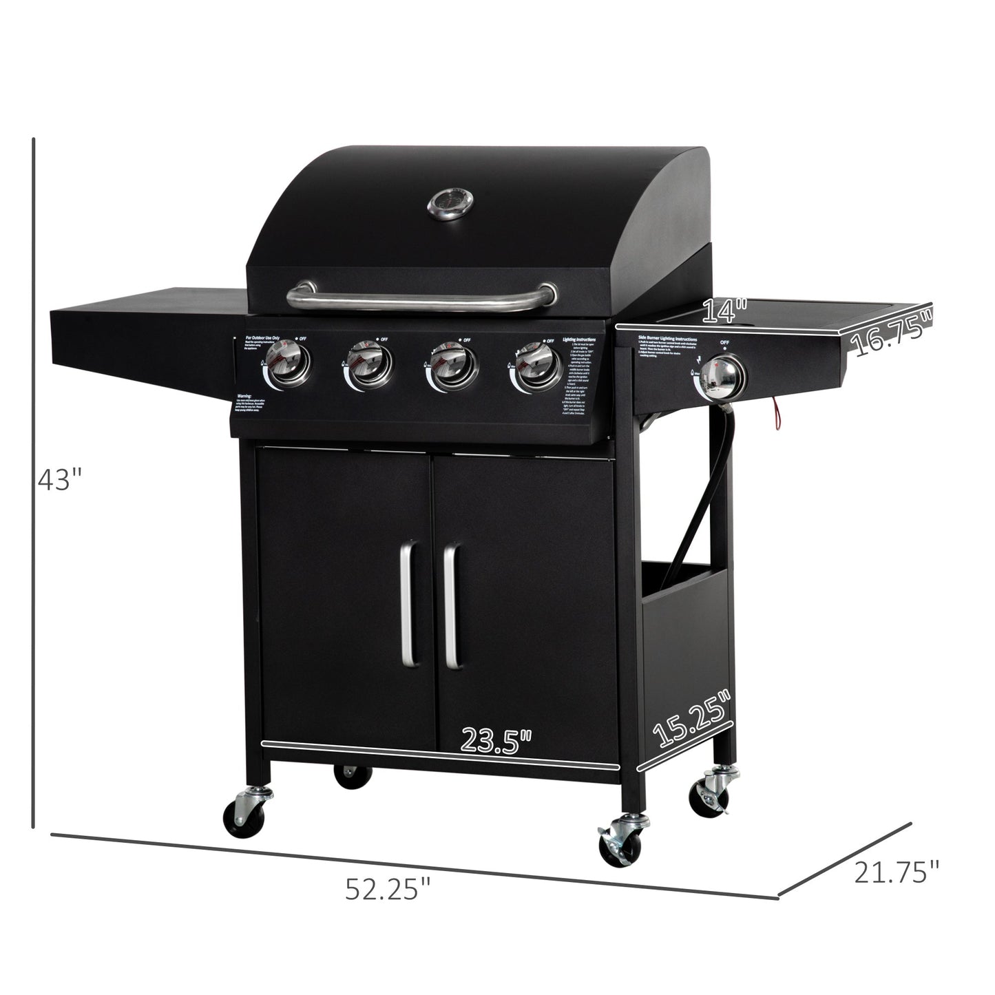 4 Burner Propane Gas Grill with Side Burner with Wheels & Storage Cabinet, 50,000 BTU, Black