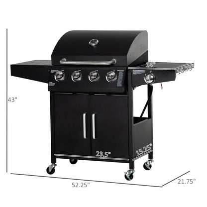 4 Burner Propane Gas Grill with Side Burner with Wheels & Storage Cabinet, 50,000 BTU, Black