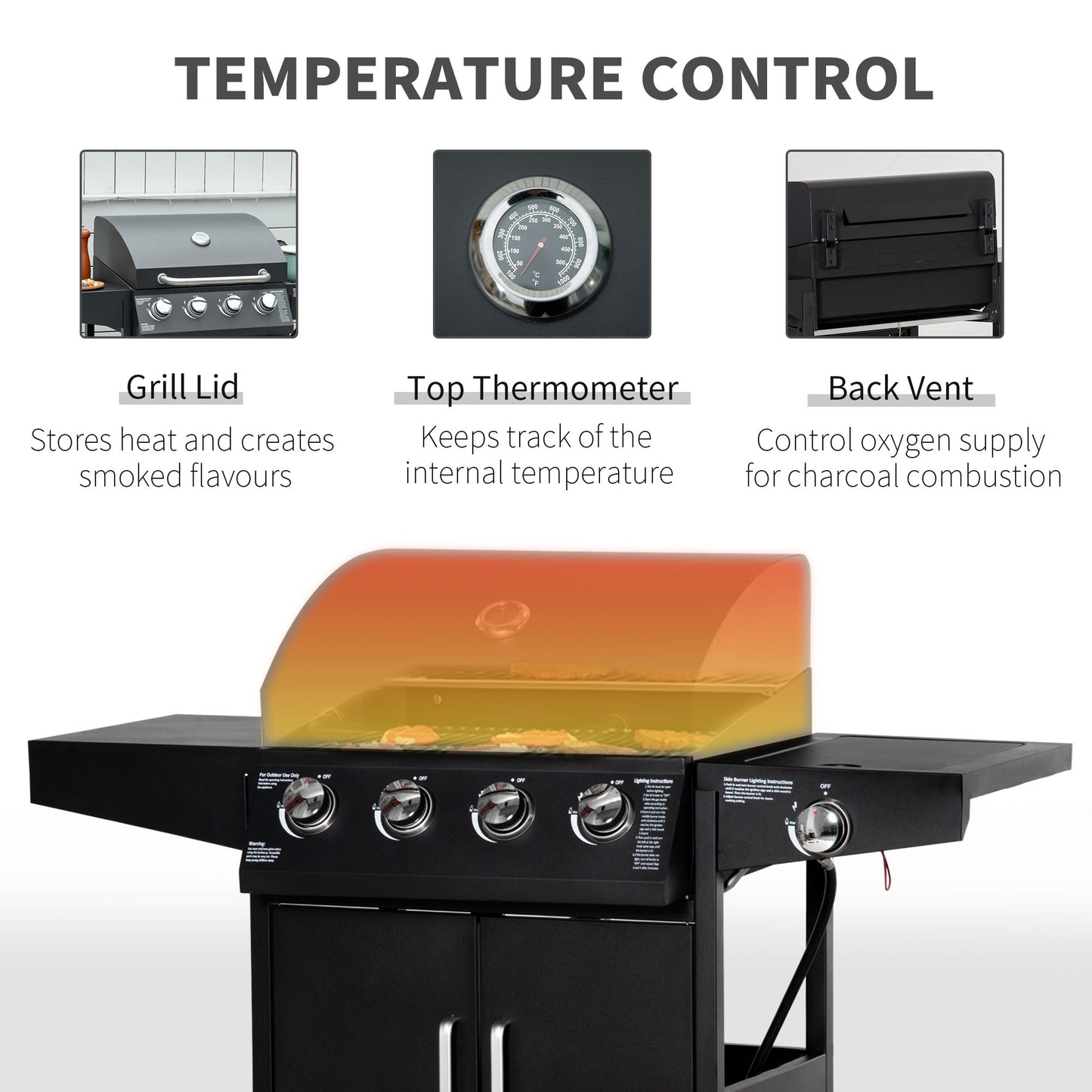 4 Burner Propane Gas Grill with Side Burner with Wheels & Storage Cabinet, 50,000 BTU, Black
