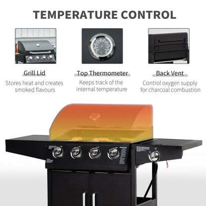 4 Burner Propane Gas Grill with Side Burner with Wheels & Storage Cabinet, 50,000 BTU, Black