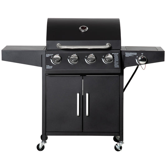 4 Burner Propane Gas Grill with Side Burner with Wheels & Storage Cabinet, 50,000 BTU, Black