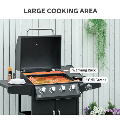 4 Burner Propane Gas Grill with Side Burner with Wheels & Storage Cabinet, 50,000 BTU, Black
