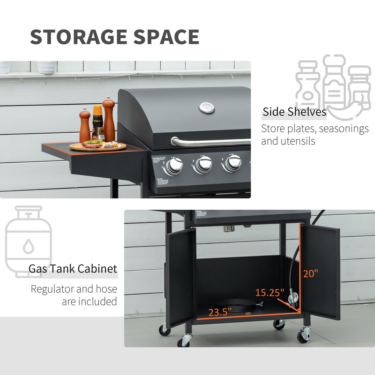 4 Burner Propane Gas Grill with Side Burner with Wheels & Storage Cabinet, 50,000 BTU, Black