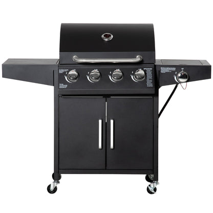 4 Burner Propane Gas Grill with Side Burner with Wheels & Storage Cabinet, 50,000 BTU, Black