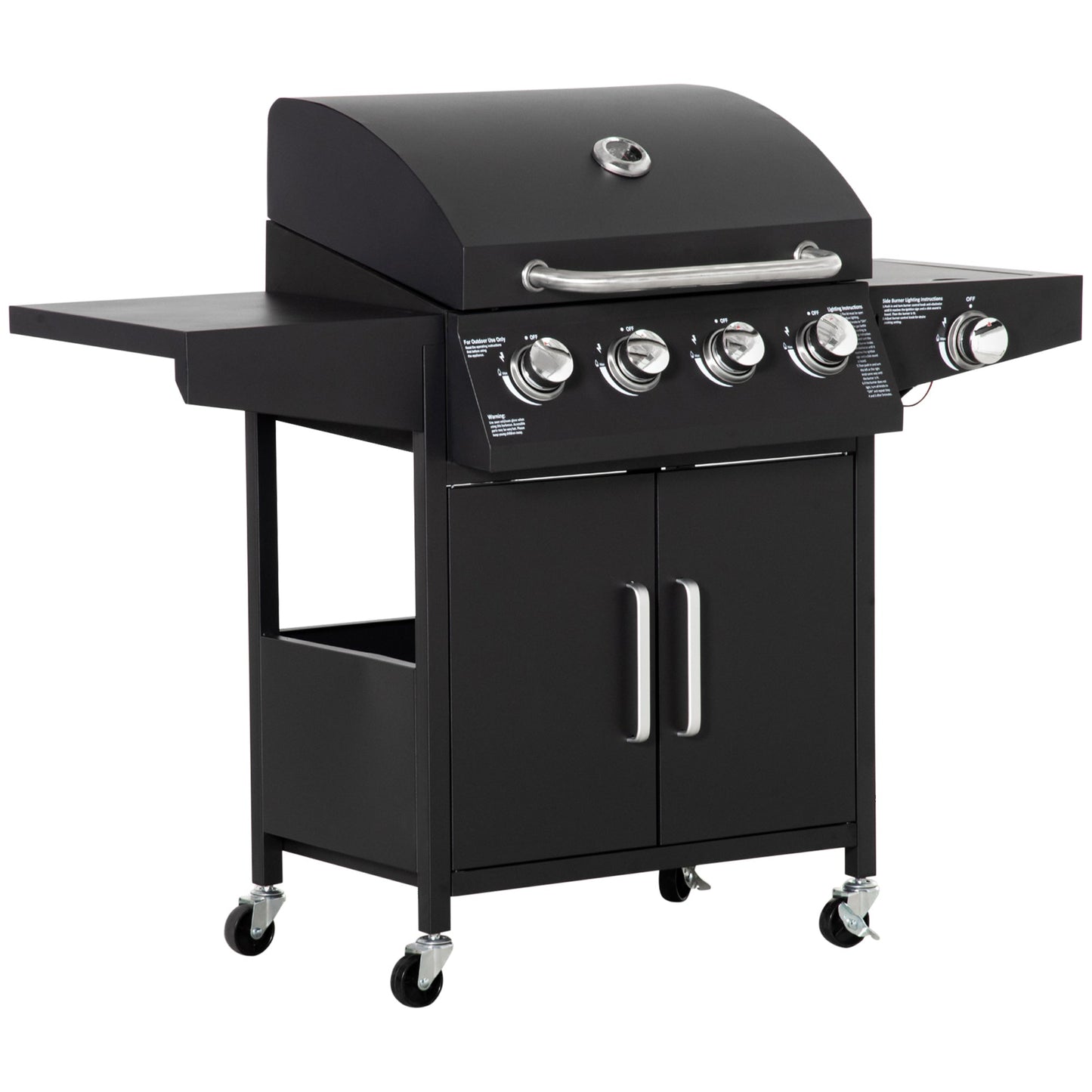 4 Burner Propane Gas Grill with Side Burner with Wheels & Storage Cabinet, 50,000 BTU, Black