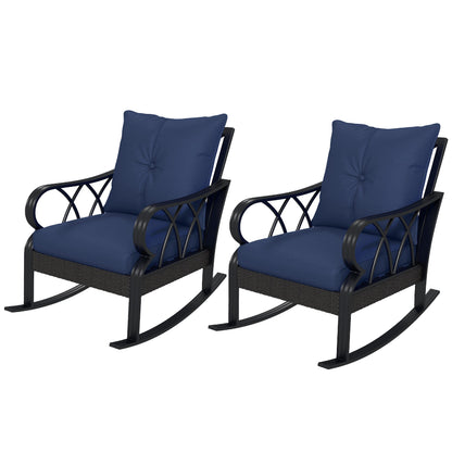 Outsunny 2 Pc Patio Wicker Rocking Chairs with Removable Cushions, Outdoor Rattan Rockers, Blue - 867-048V01DB