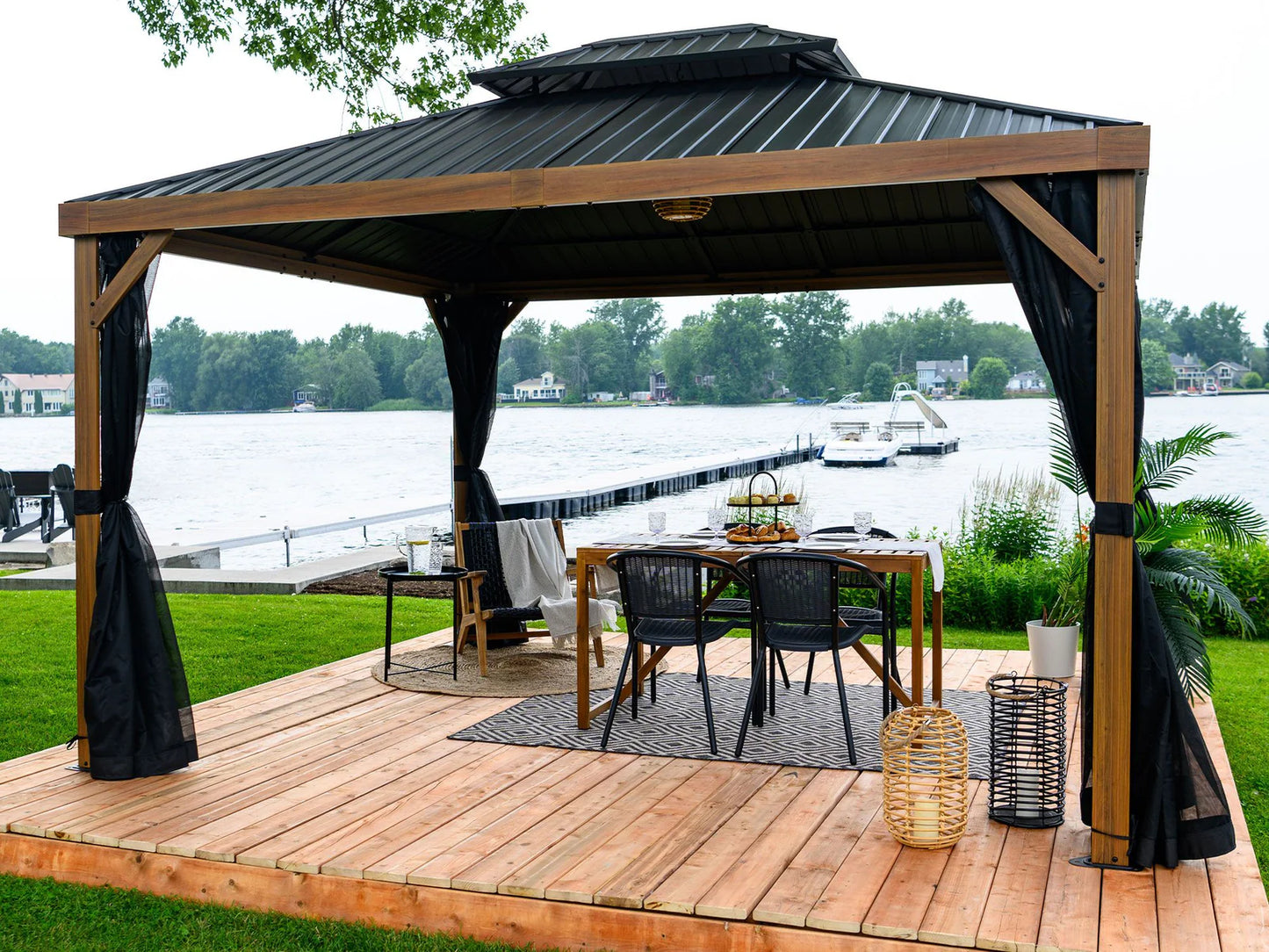Yosemite 10x10 ft. Gazebo– Galvanized Double Roof, Aluminum Posts, Wood Finish