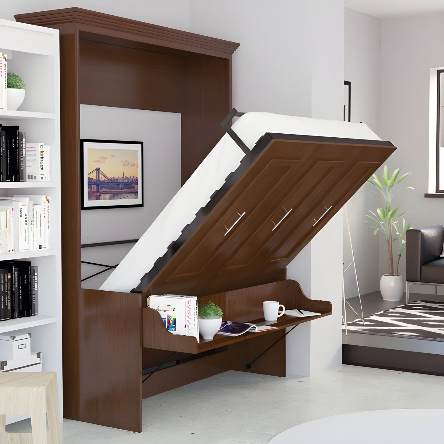 Murphy Bed With Desk & 2 Storage Cabinets, Queen Size, Coventry Walnut by Leto Muro