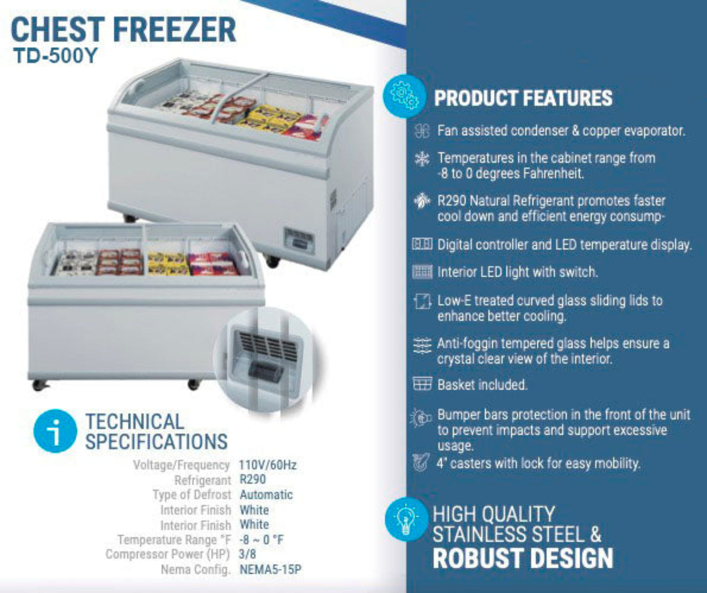 Chef AAA -  Commercial 56" Glass Door Frozen Food or Ice Cream Chest Freezer Display - TD-500Y,