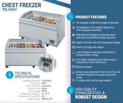 Chef AAA -  Commercial 56" Glass Door Frozen Food or Ice Cream Chest Freezer Display - TD-500Y,