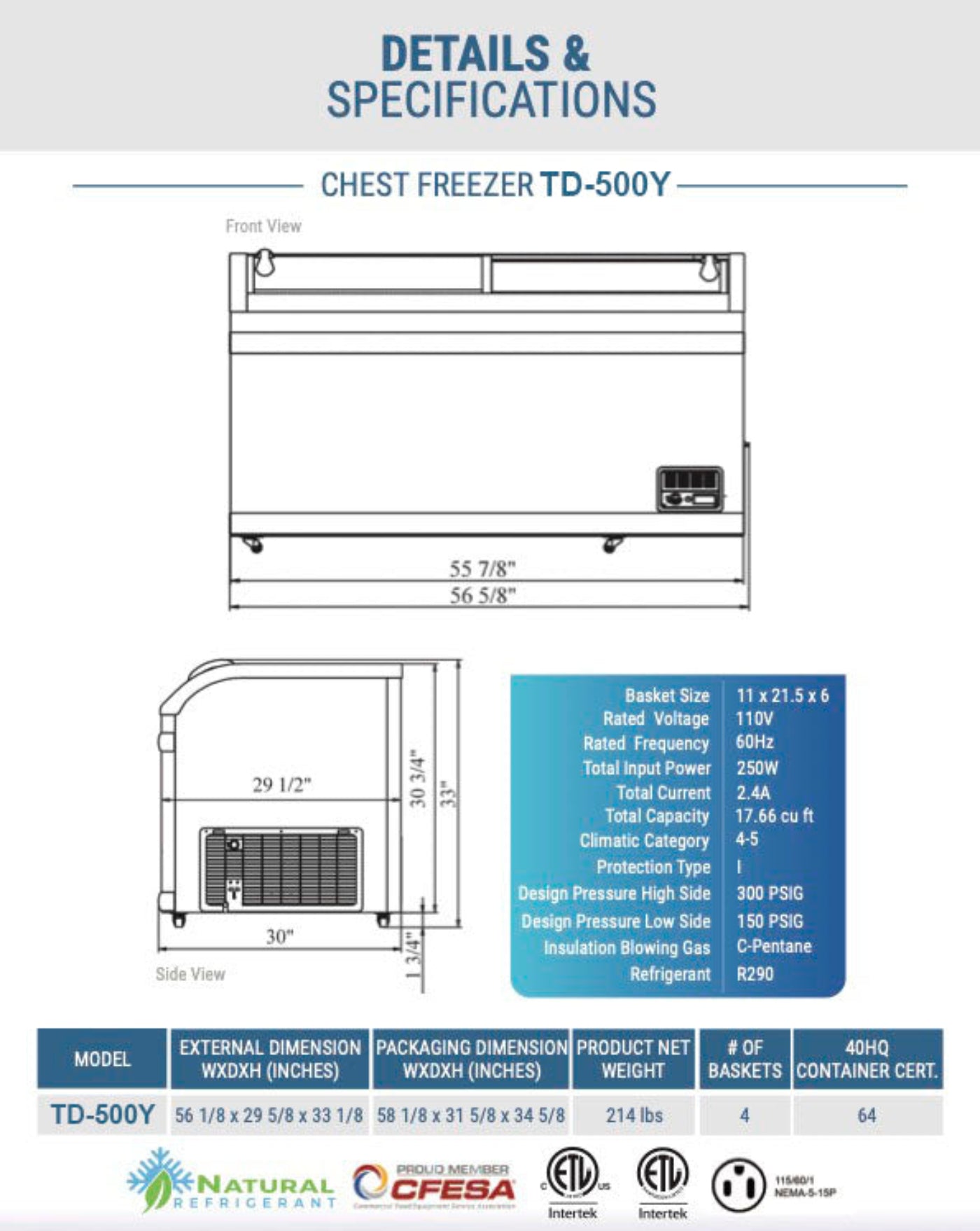 Chef AAA -  Commercial 56" Glass Door Frozen Food or Ice Cream Chest Freezer Display - TD-500Y,