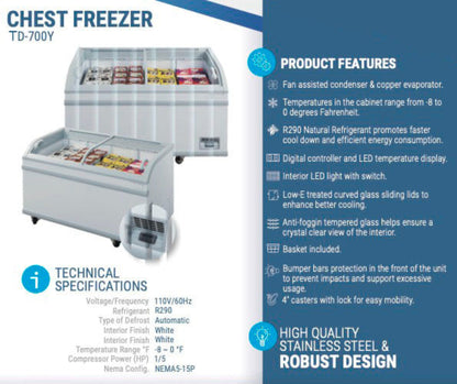 Chef AAA - Commercial 79" Glass Door Frozen Food or Ice Cream Chest Freezer Display -  TD-700Y