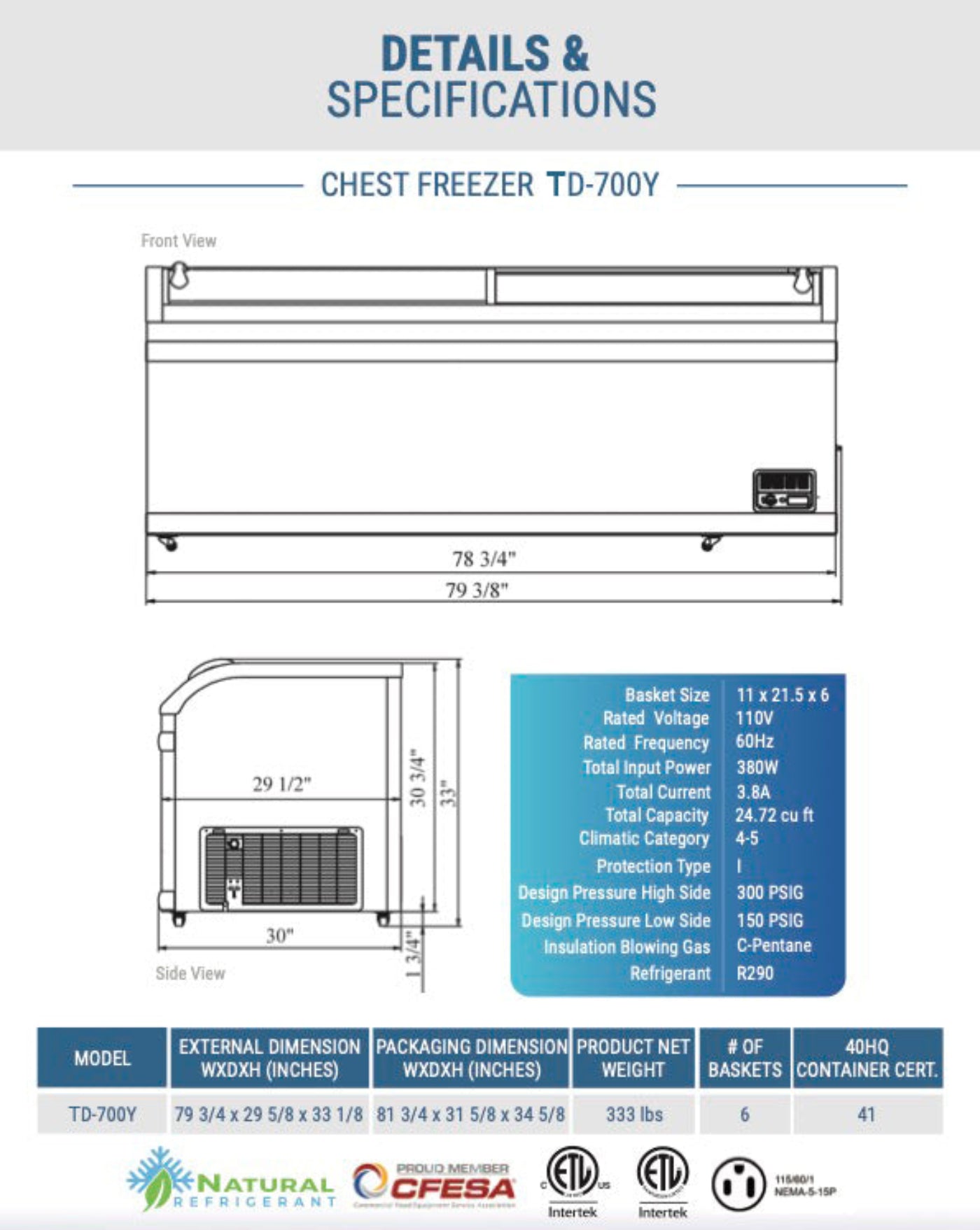 Chef AAA - Commercial 79" Glass Door Frozen Food or Ice Cream Chest Freezer Display -  TD-700Y