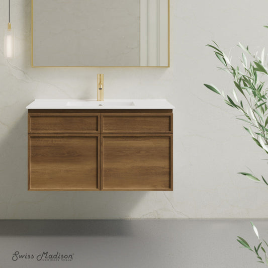 Swiss Madison St. Tropez 36" Wall-Mounted Bathroom Vanity in Brown Oak with Sink Top - SM-BV0829BO