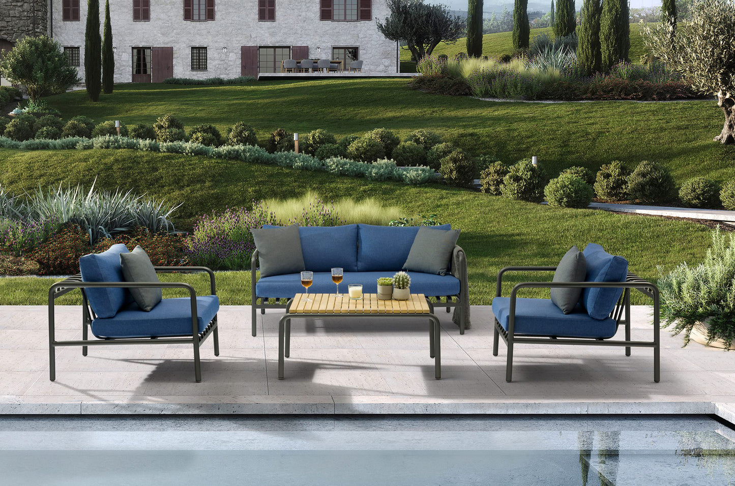 Whiteline Modern Living  Andrea 4-Pieces Outdoor Lounge Set in Blue Color - COL1833-BLU