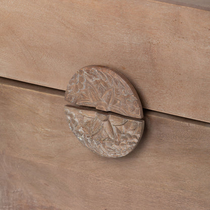 Park Hill Collection Rosette Hand-Carved Mango Wood Side Table with Drawer & Elegant Medallion Design - Natural Finish - EFT26193