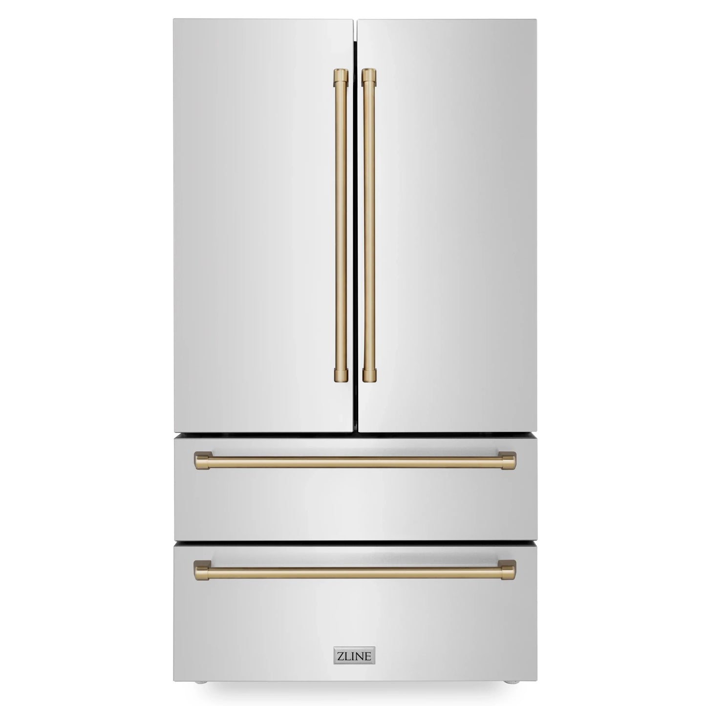 ZLINE Autograph Edition 4-Piece Appliance Package - 36-Inch Dual Fuel Range, Refrigerator, Wall Mounted Range Hood, and 24-Inch Tall Tub Dishwasher in Stainless Steel with Champagne Bronze Trim (4KAPR-RARHDWM36-CB)