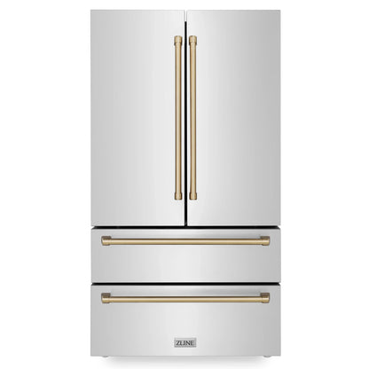 ZLINE Autograph Edition 4-Piece Appliance Package - 36-Inch Dual Fuel Range, Refrigerator, Wall Mounted Range Hood, and 24-Inch Tall Tub Dishwasher in Stainless Steel with Champagne Bronze Trim (4KAPR-RARHDWM36-CB)