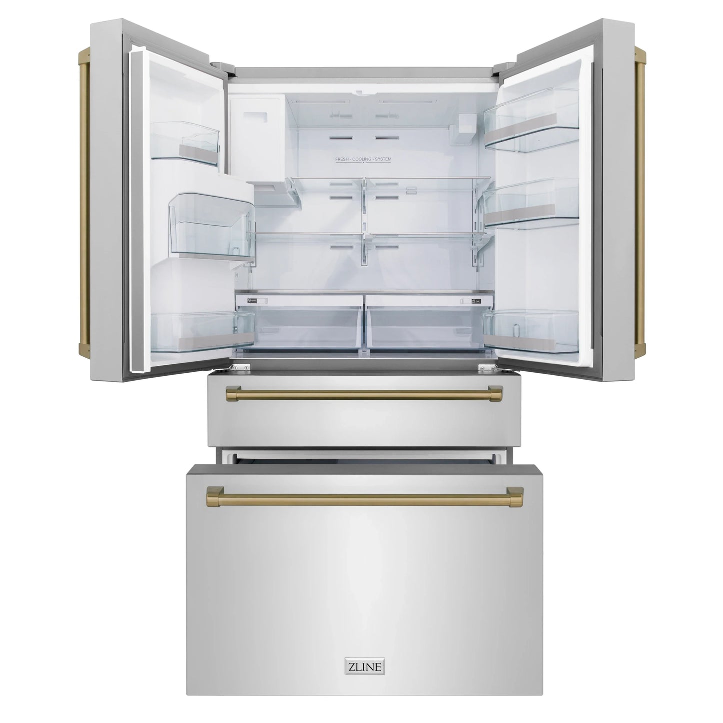 ZLINE Autograph Edition 4-Piece Appliance Package - 36-Inch Dual Fuel Range, Refrigerator with Water Dispenser, Wall Mounted Range Hood, & 24-Inch Tall Tub Dishwasher in Stainless Steel with Champagne Bronze Trim (4AKPR-RARHDWM36-CB)