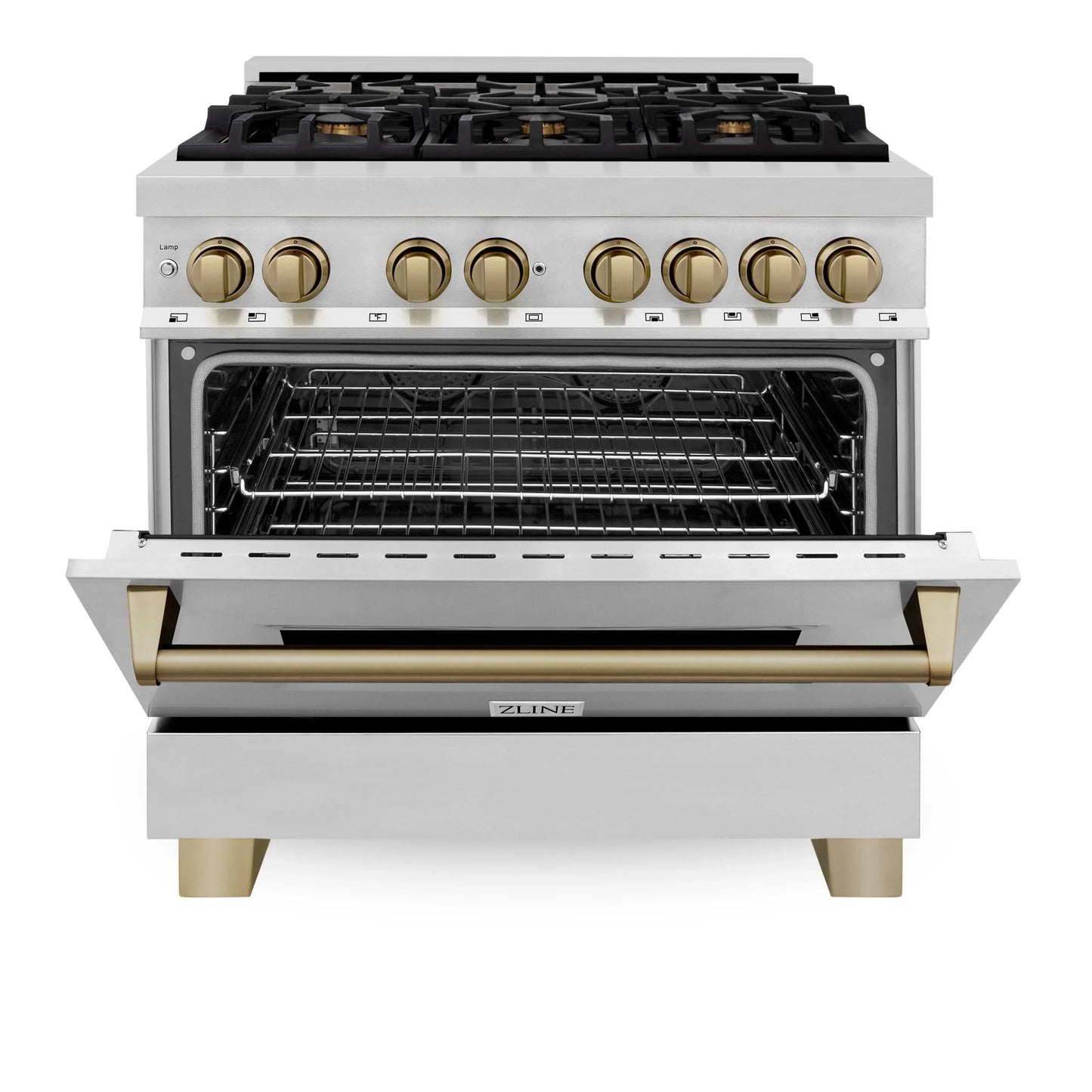 ZLINE Autograph Edition 4-Piece Appliance Package - 36-Inch Dual Fuel Range, Refrigerator, Wall Mounted Range Hood, and 24-Inch Tall Tub Dishwasher in Stainless Steel with Champagne Bronze Trim (4KAPR-RARHDWM36-CB)