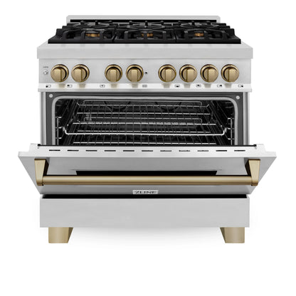 ZLINE Autograph Edition 4-Piece Appliance Package - 36-Inch Dual Fuel Range, Refrigerator, Wall Mounted Range Hood, and 24-Inch Tall Tub Dishwasher in Stainless Steel with Champagne Bronze Trim (4KAPR-RARHDWM36-CB)