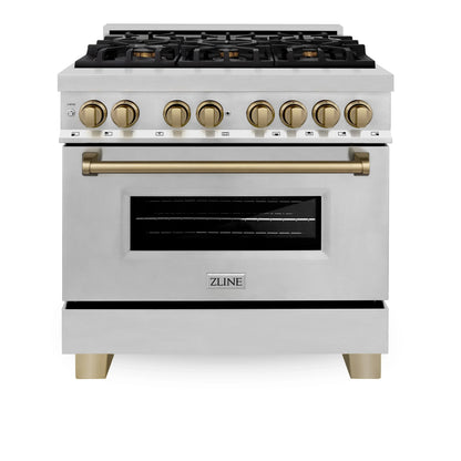 ZLINE Autograph Edition 4-Piece Appliance Package - 36-Inch Dual Fuel Range, Refrigerator, Wall Mounted Range Hood, and 24-Inch Tall Tub Dishwasher in Stainless Steel with Champagne Bronze Trim (4KAPR-RARHDWM36-CB)