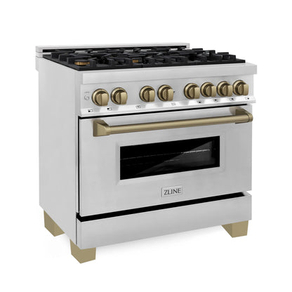 ZLINE Autograph Edition 4-Piece Appliance Package - 36-Inch Dual Fuel Range, Refrigerator, Wall Mounted Range Hood, and 24-Inch Tall Tub Dishwasher in Stainless Steel with Champagne Bronze Trim (4KAPR-RARHDWM36-CB)