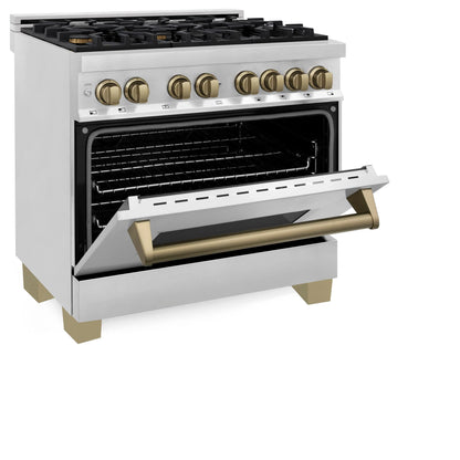 ZLINE Autograph Edition 4-Piece Appliance Package - 36-Inch Dual Fuel Range, Refrigerator with Water Dispenser, Wall Mounted Range Hood, & 24-Inch Tall Tub Dishwasher in Stainless Steel with Champagne Bronze Trim (4AKPR-RARHDWM36-CB)