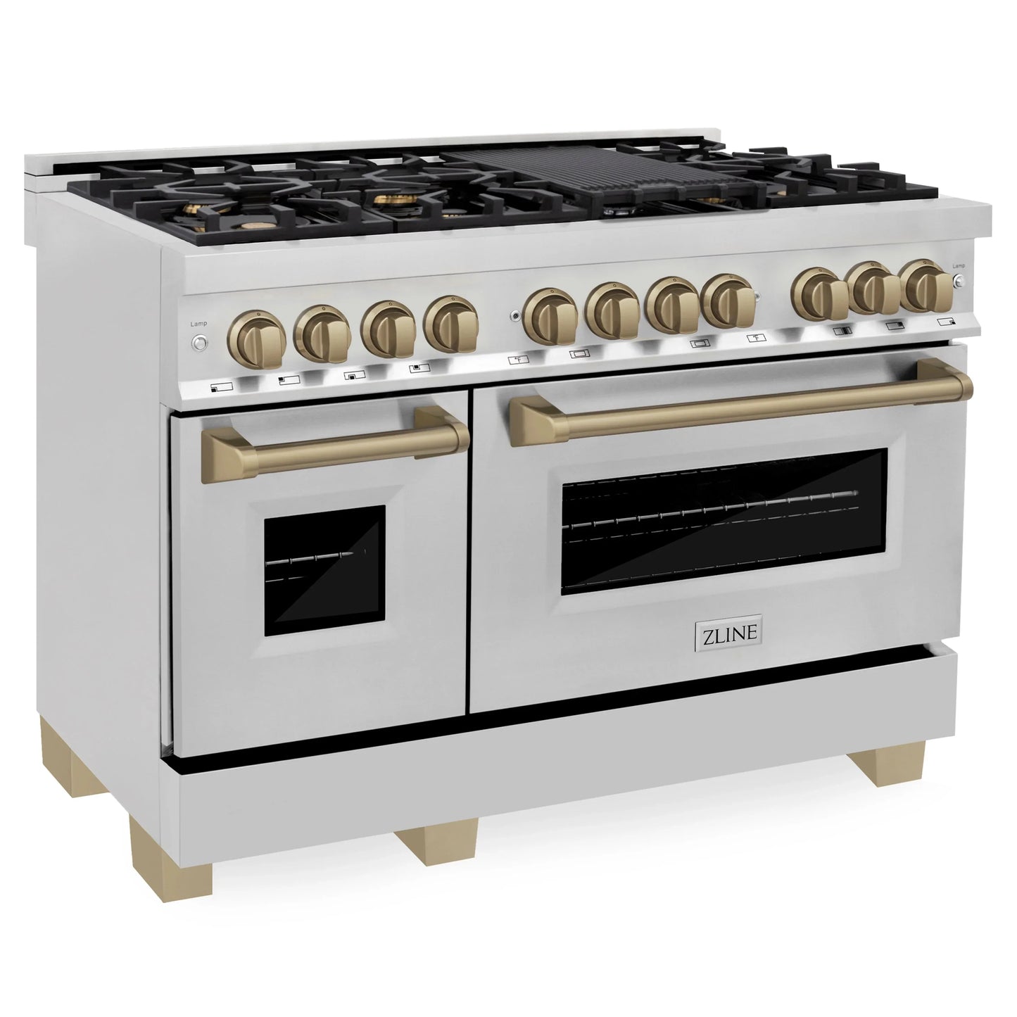 ZLINE Autograph Edition 4-Piece Appliance Package - 48-Inch Dual Fuel Range, Refrigerator with Water Dispenser, Wall Mounted Range Hood, & 24-Inch Tall Tub Dishwasher in Stainless Steel with Champagne Bronze Trim (4AKPR-RARHDWM48-CB)