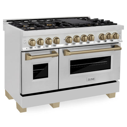 ZLINE Autograph Edition 4-Piece Appliance Package - 48-Inch Dual Fuel Range, Refrigerator, Wall Mounted Range Hood, & 24-Inch Tall Tub Dishwasher in Stainless Steel with Champagne Bronze Trim (4KAPR-RARHDWM48-CB)