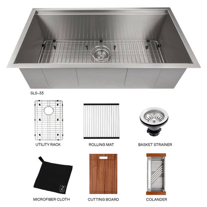 ZLINE 33-Inch Garmisch Undermount Single Bowl Stainless Steel Kitchen Sink with Bottom Grid and Accessories (SLS-33)