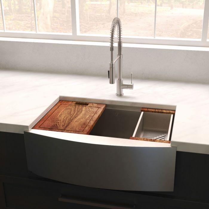ZLINE 33-Inch Moritz Farmhouse Apron Mount Single Bowl Stainless Steel Kitchen Sink with Bottom Grid and Accessories (SLSAP-33)