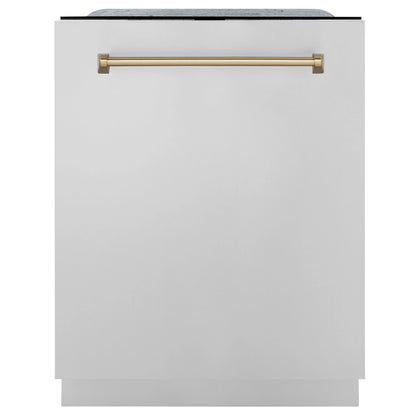 ZLINE Autograph Edition 4-Piece Appliance Package - 36-Inch Dual Fuel Range, Refrigerator, Wall Mounted Range Hood, and 24-Inch Tall Tub Dishwasher in Stainless Steel with Champagne Bronze Trim (4KAPR-RARHDWM36-CB)
