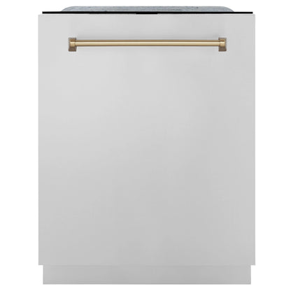 ZLINE Autograph Edition 4-Piece Appliance Package - 48-Inch Dual Fuel Range, Refrigerator, Wall Mounted Range Hood, & 24-Inch Tall Tub Dishwasher in Stainless Steel with Champagne Bronze Trim (4KAPR-RARHDWM48-CB)