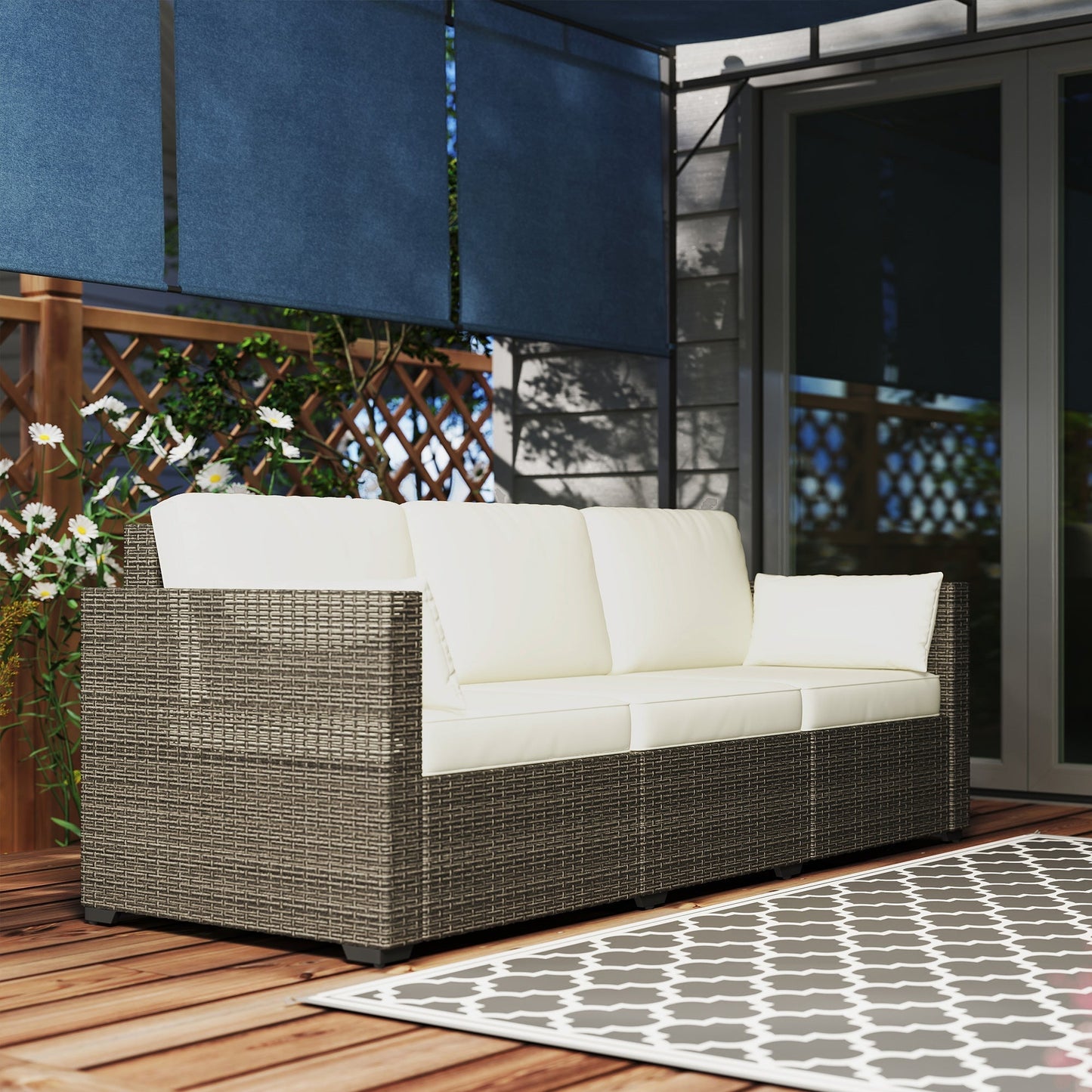 Outsunny 3-Seater PE Wicker Deep Seating Outdoor Sofa with Removable Cushions Cream White - 860-308V00CW